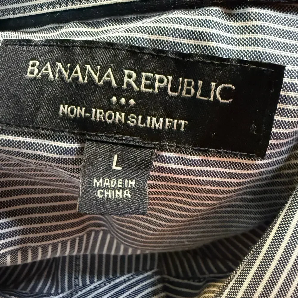 Banana Republic Non-Iron Slim Fit Dress Shirt, Gray White Pinstripe, Men's Large